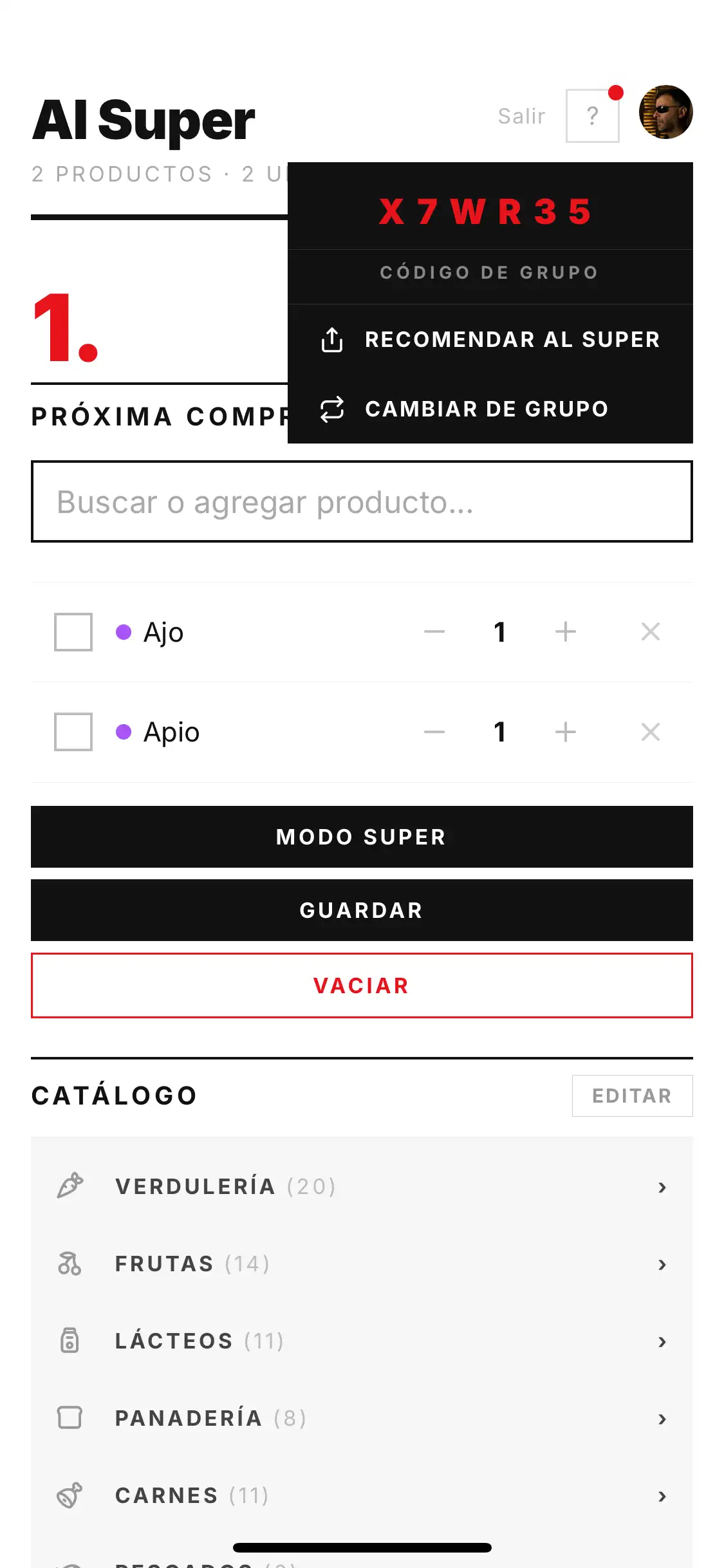 Menú de grupo en Al Super con código, recomendar y cambiar de grupo