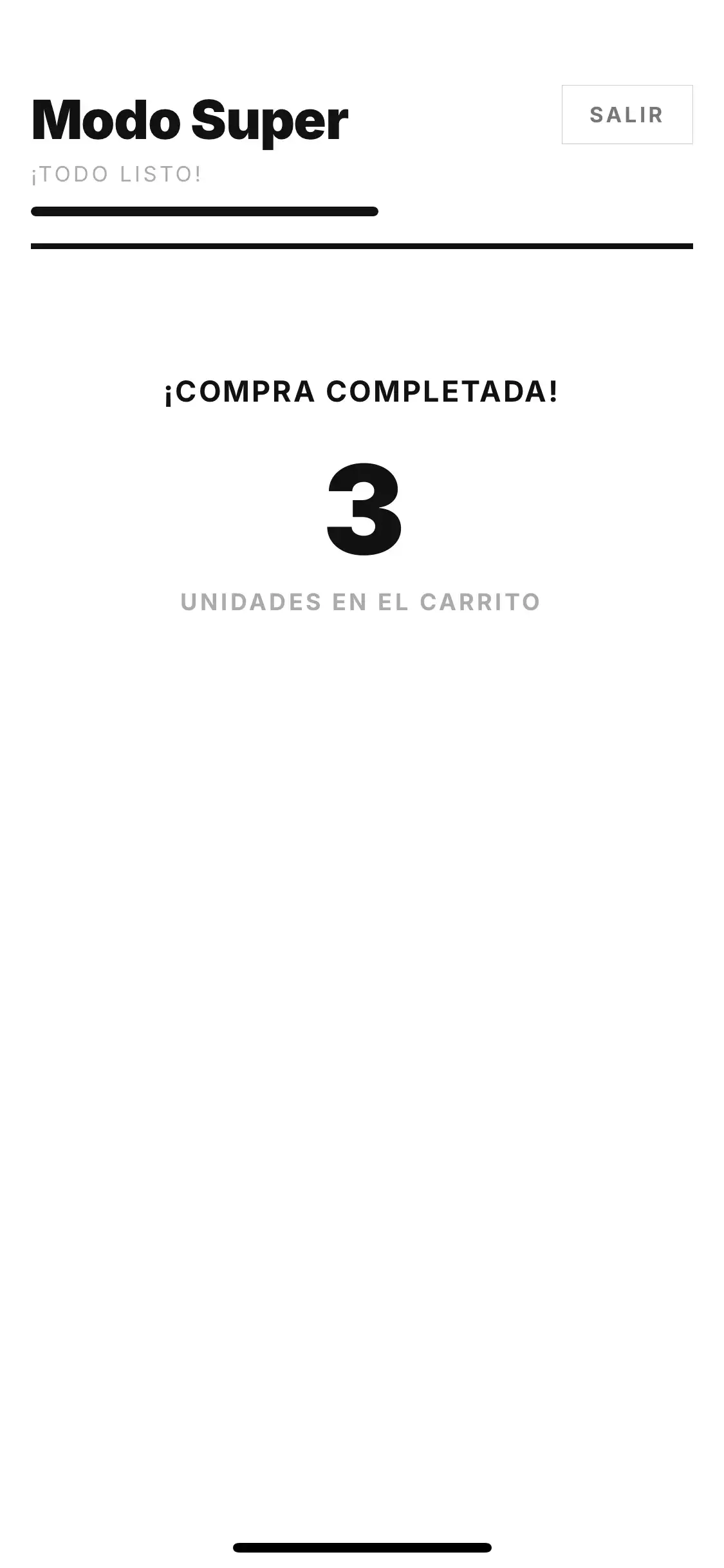 Pantalla de compra completada en Modo Super con el total de unidades