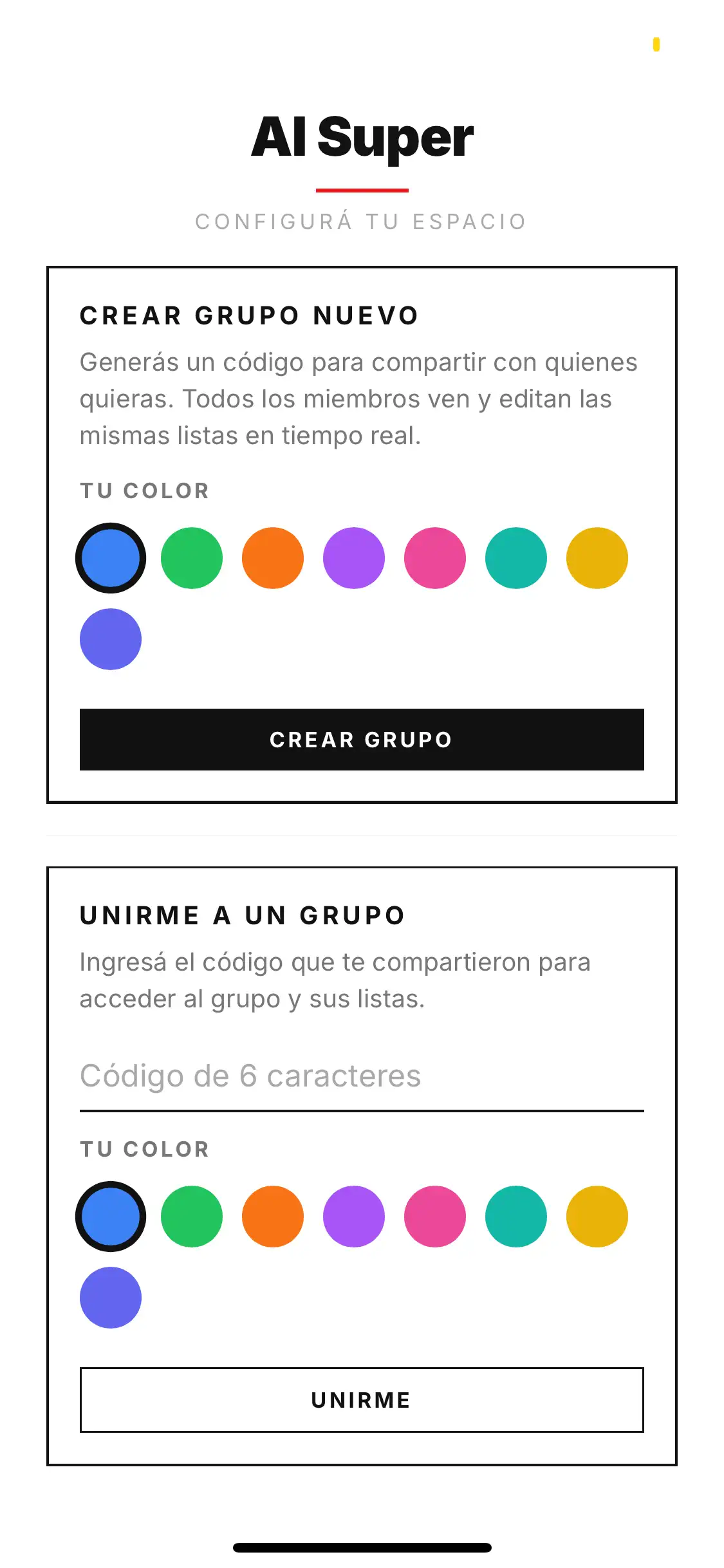 Pantalla de configuración de grupo en Al Super — crear o unirse