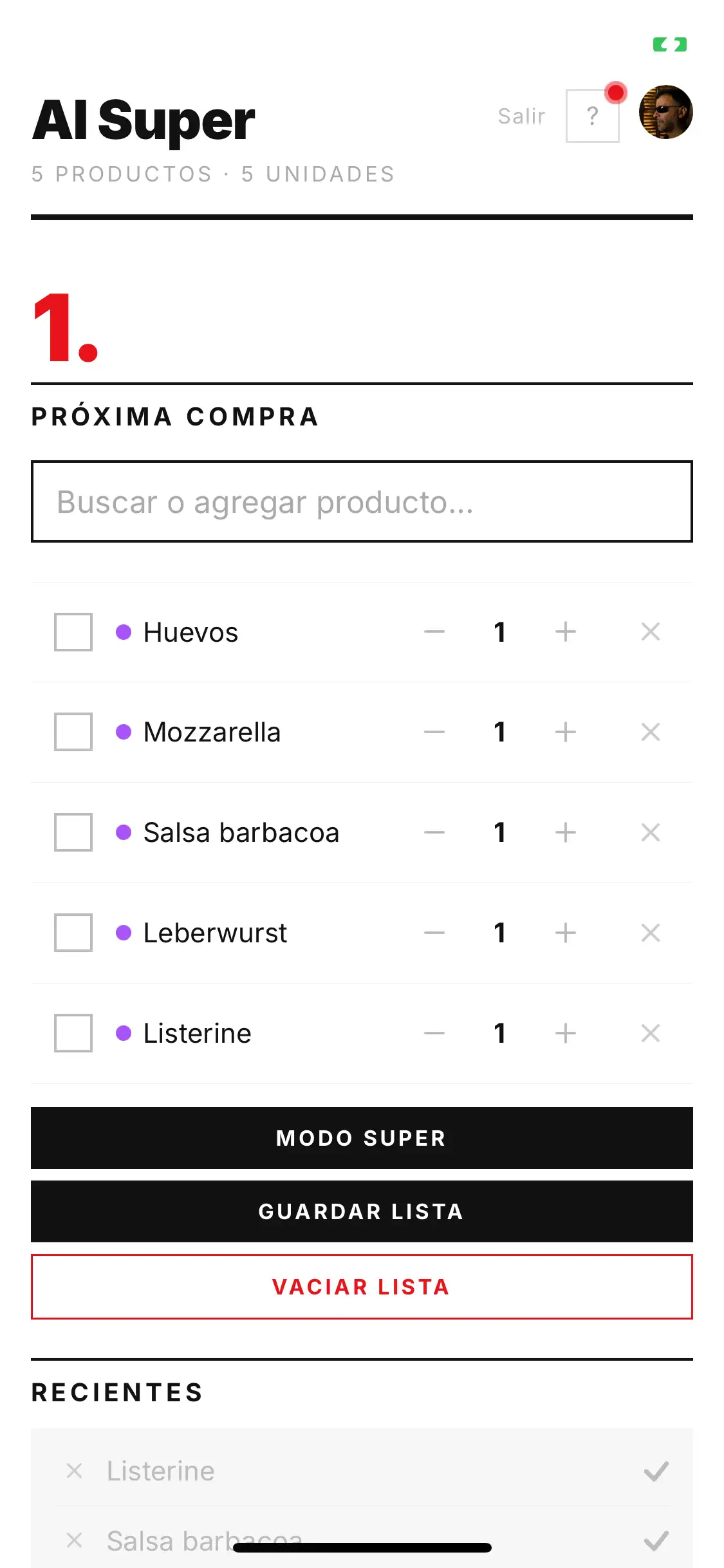 Lista de compras en Al Super con productos, cantidades y notas