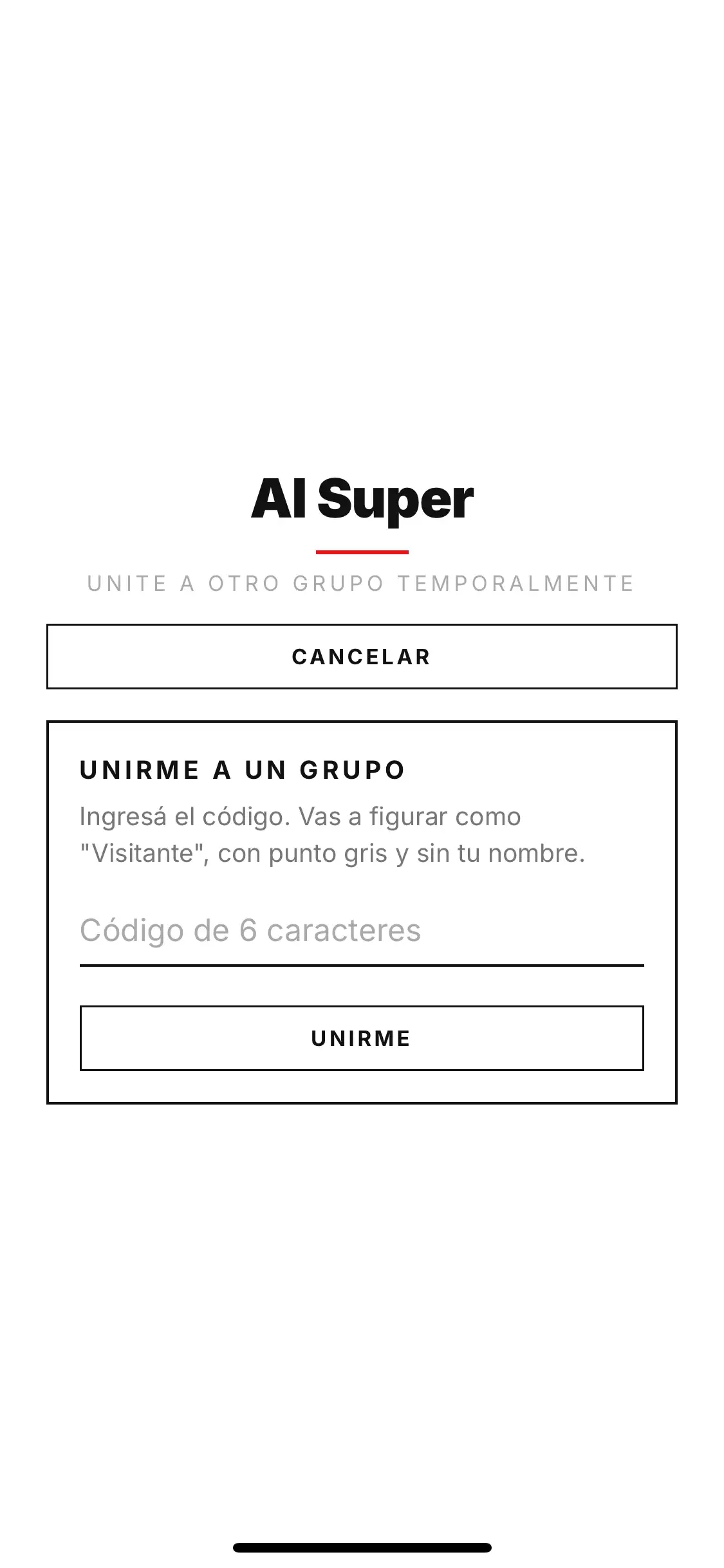Pantalla de unión temporal a otro grupo, solo con código